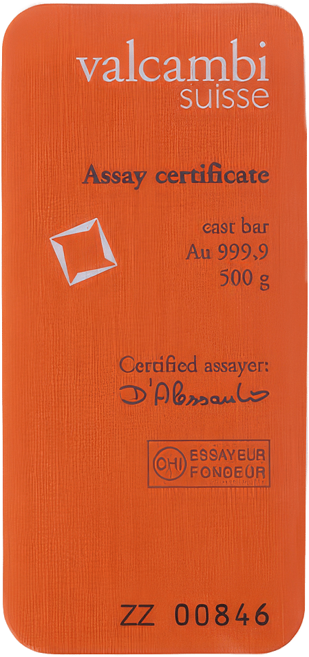 500 g cast bar · Certificate with cast bar, Au 999,9, the weight, the note Certified assayer and the number