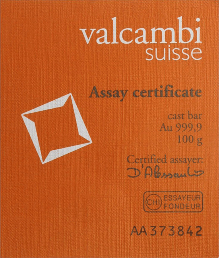 100 g cast bar · Certificate with cast bar, Au 999,9, the weight, the note Certified assayer and the number