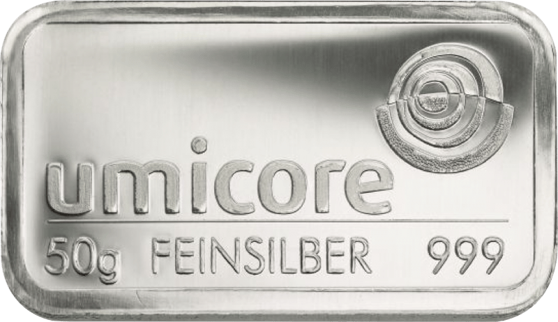Example photo: silver bar by Umicore, stamped umicore 50g FEINSILBER 999