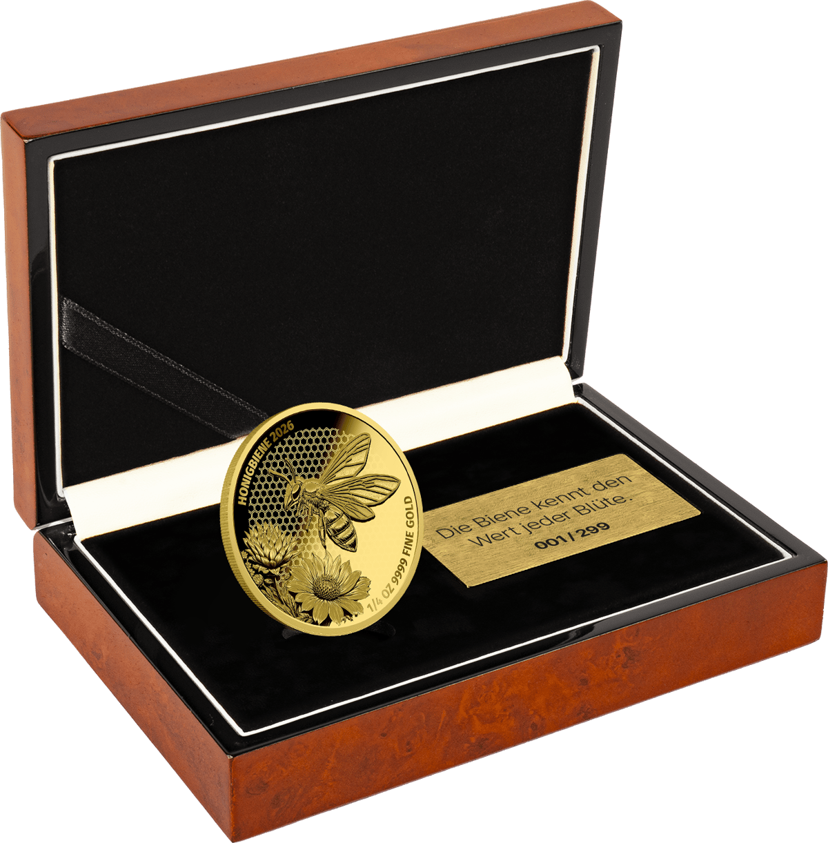 1/4 ounce gold Honey Bee 2026 · Coin in a wooden case with a golden plaque