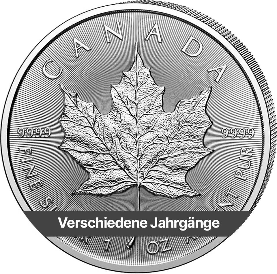 1 ounce of silver, various years · Maple leaf side