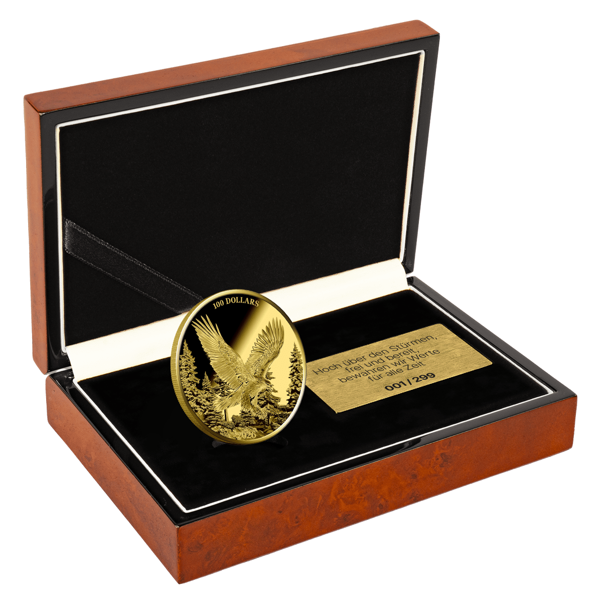 1/4 ounce gold Golden Eagle 2026 · Coin in a wooden case with a golden plaque