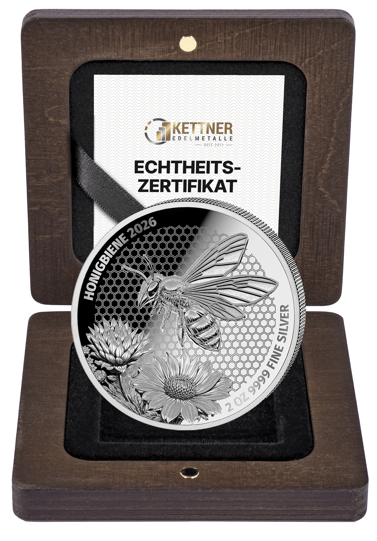 2 ounces silver Honey Bee 2026 · Coin in the wooden case with the certificate of authenticity