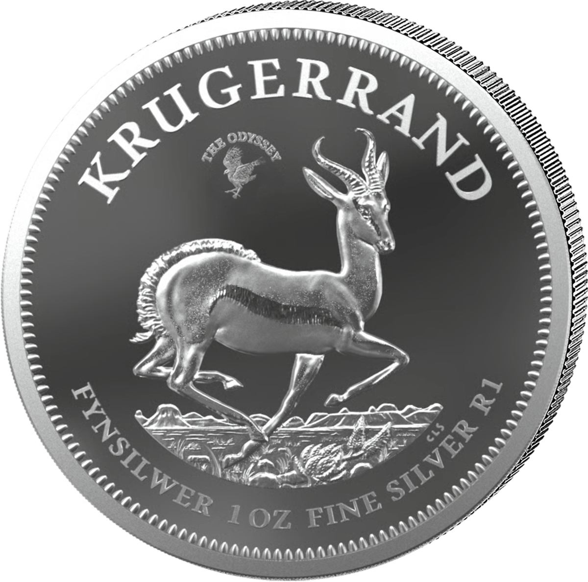 Silberner Krügerrand aus dem Set 2026 in Vergrößerung: über dem Springbock ein kleiner Kampfadler mit dem Schriftzug THE ODYSSEY
