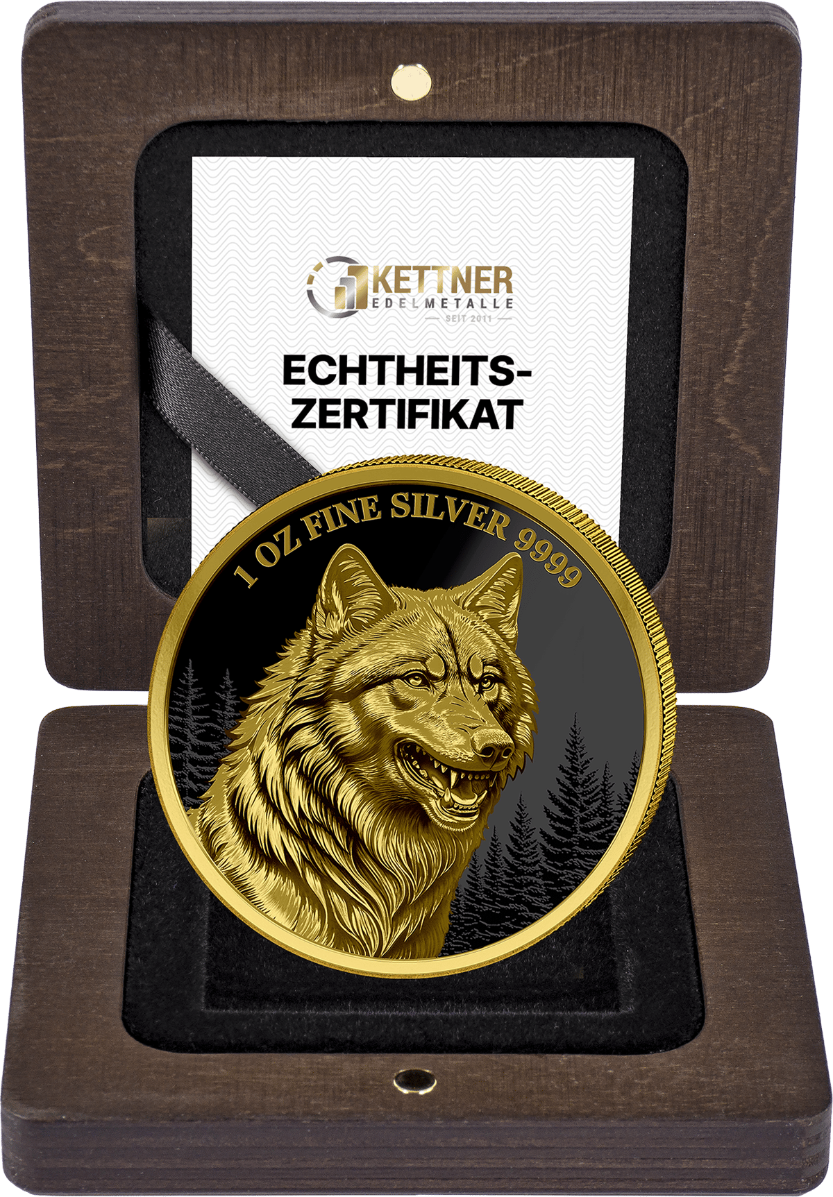 1 ounce silver Wolf 2025 gilded · Coin in the case with the certificate of authenticity
