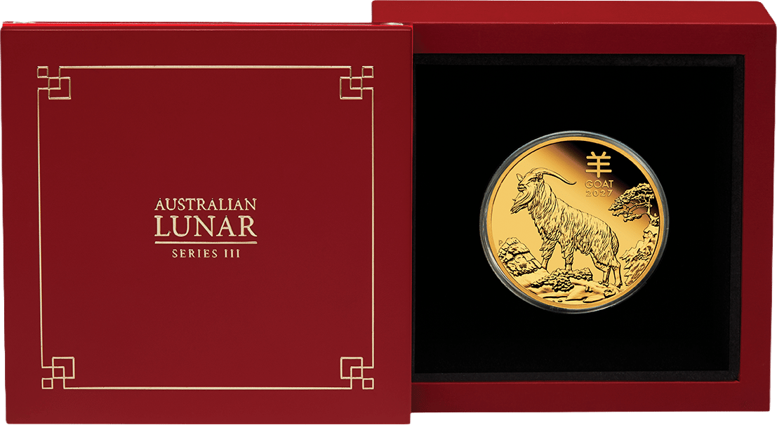 1 ounce gold Goat 2027 proof · in the case