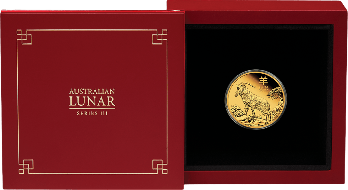 1/4 ounce gold Goat 2027 proof · in the case