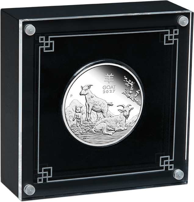 1 ounce silver Goat 2027 proof · in the case
