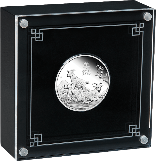 1/2 ounce silver Goat 2027 proof · in the case