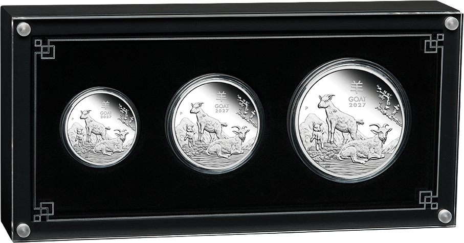 Goat 2027 proof set · the three coins in their case