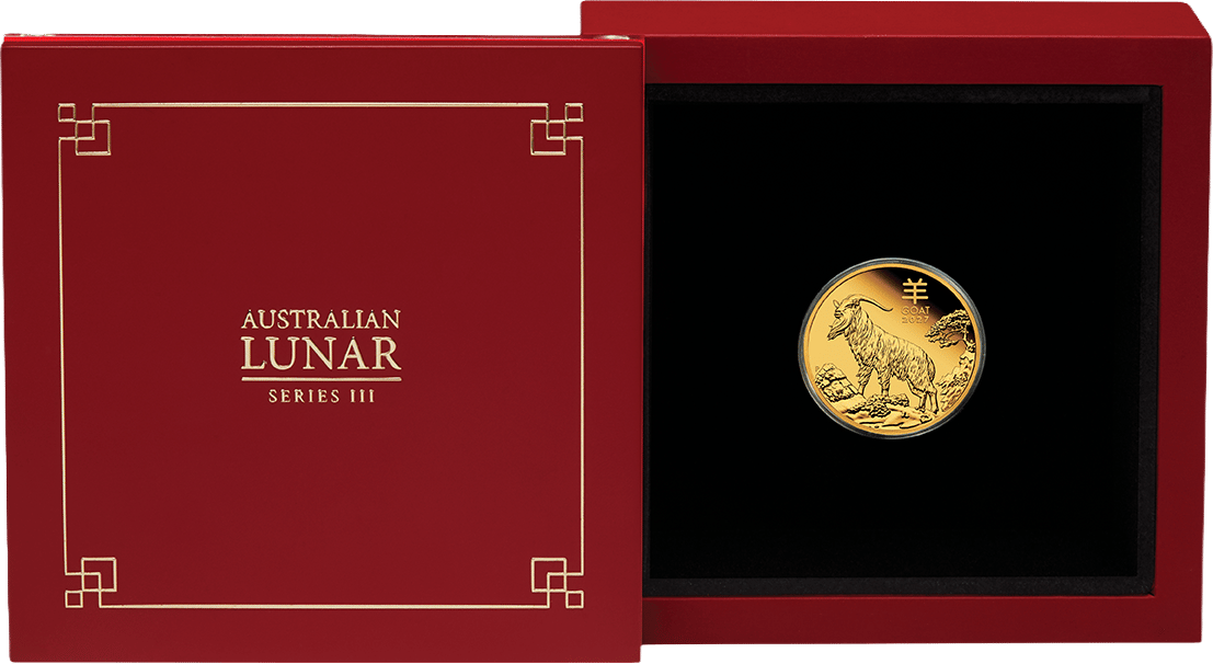 1/10 ounce gold Goat 2027 proof · in the case