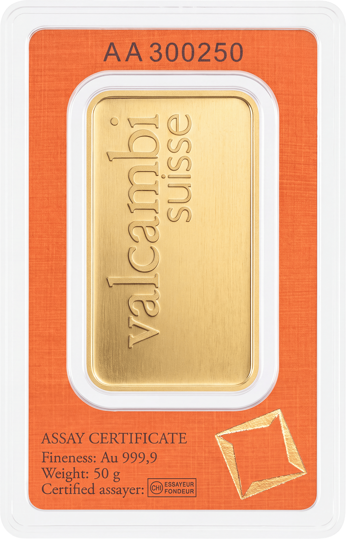 50 g minted bar · Back of the card with the serial number at the top and ASSAY CERTIFICATE at the bottom