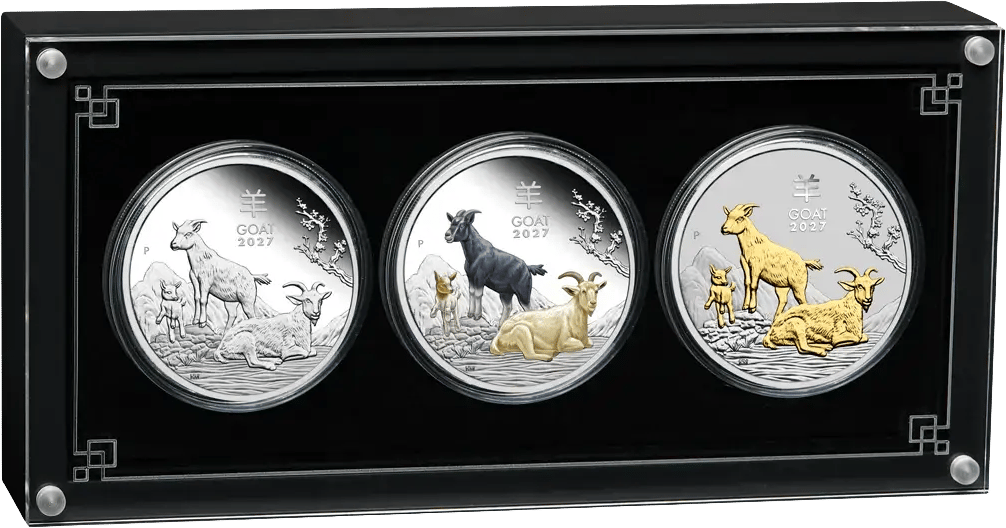 Goat 2027 set in three finishes · the three ounces in their case