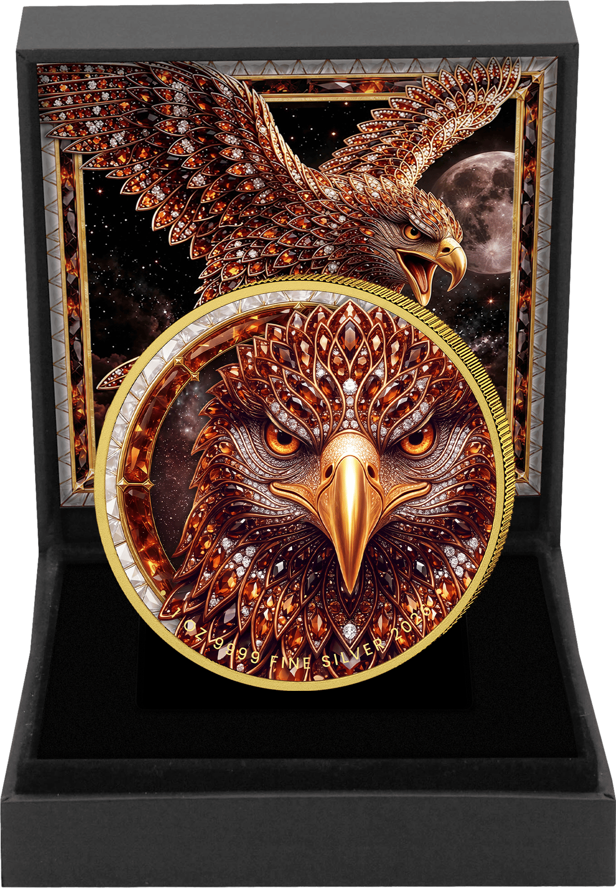 1 ounce silver Crystal Golden Eagle 2026 · Open box with a picture of an eagle in the lid