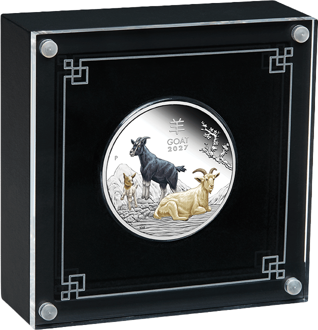 1 ounce silver Goat 2027 coloured · in the case