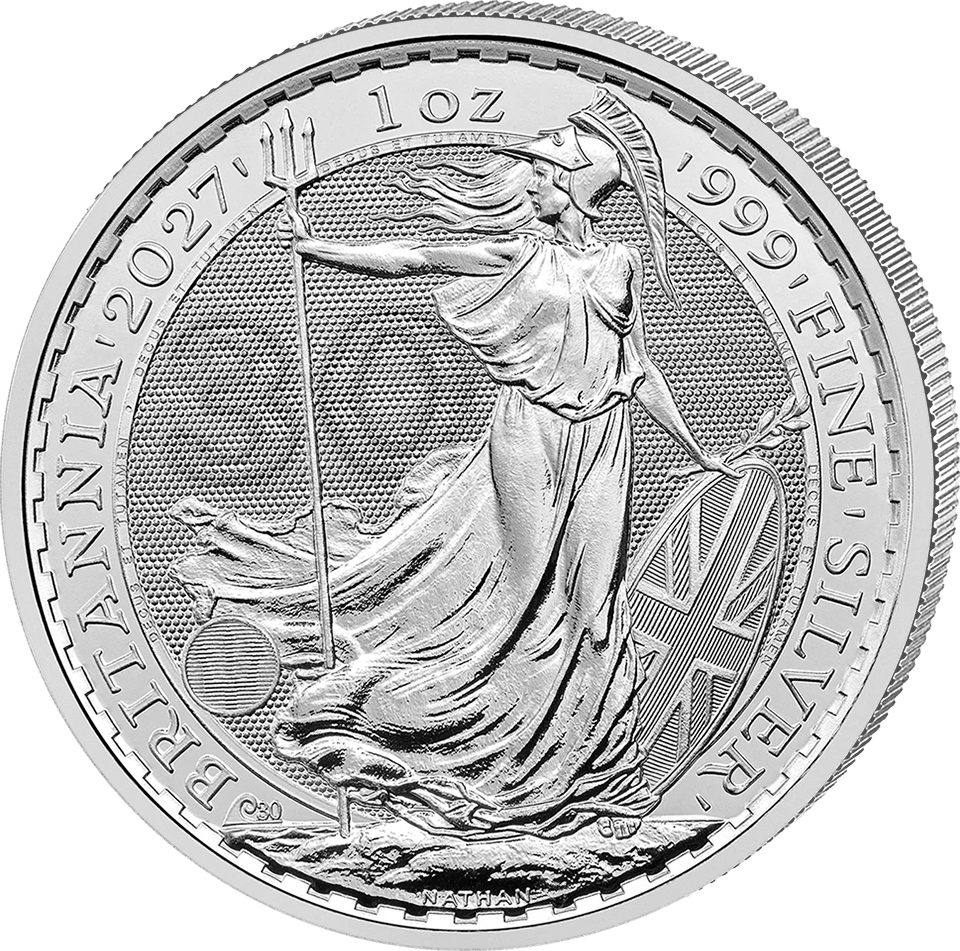1 onza de plata 2027 · Cara de Britannia