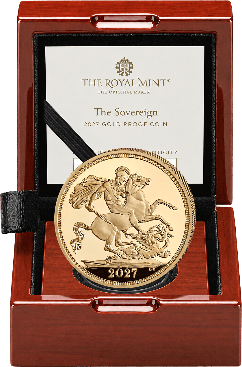 Gold Sovereign 2027 Proof · Open case with coin and certificate of authenticity