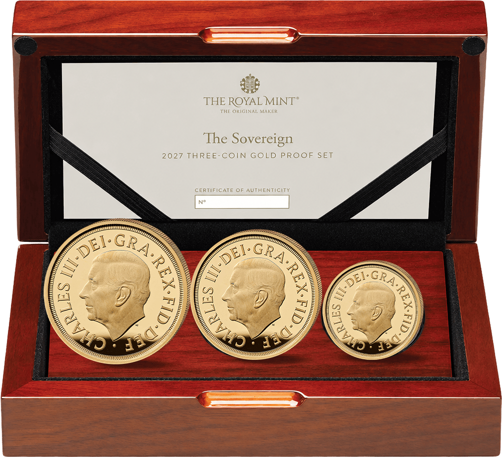 Gold Sovereign Three-Coin Proof Set 2027 · Open case, the three coins showing the portrait