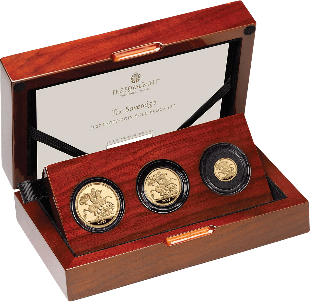 Gold Sovereign Three-Coin Proof Set 2027 · Open case with the three coins