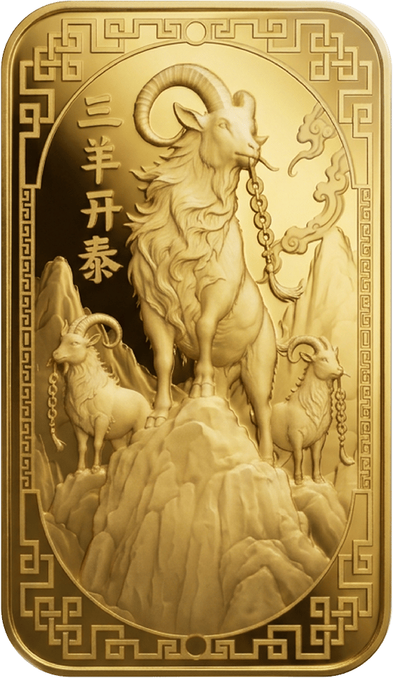Gold bar with three goats on rocky peaks, strings of coins, clouds, a fret border and the greeting 三羊开泰