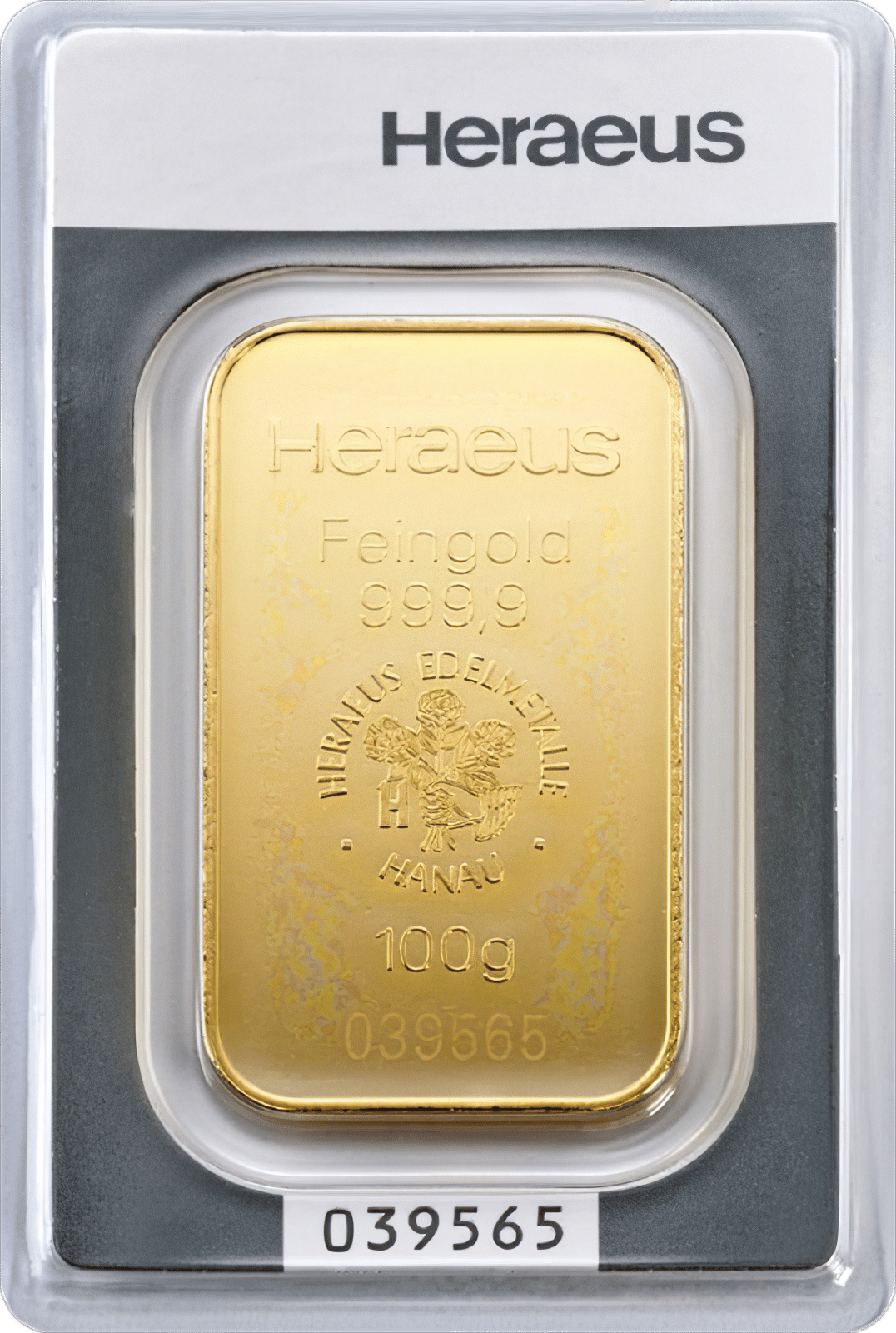 Minted gold bar with Heraeus, Feingold 999,9, the emblem and the weight