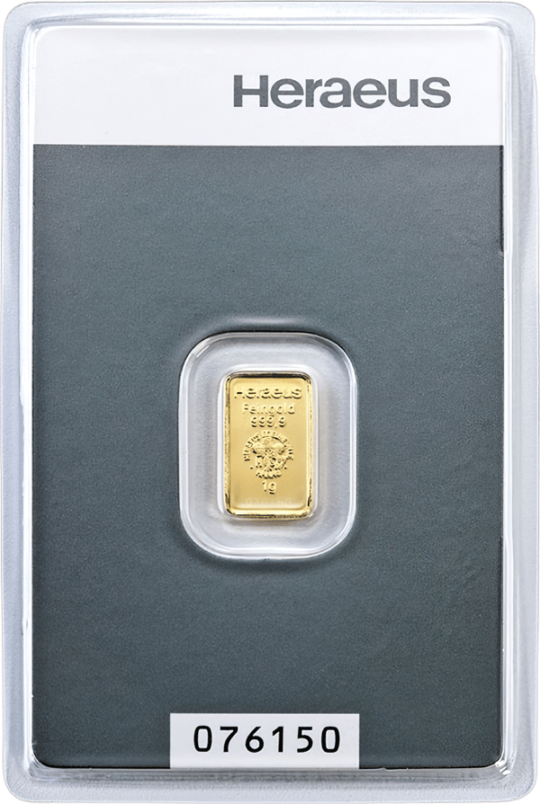 Minted gold bar in its blister, Heraeus at the top of the card, the serial number below