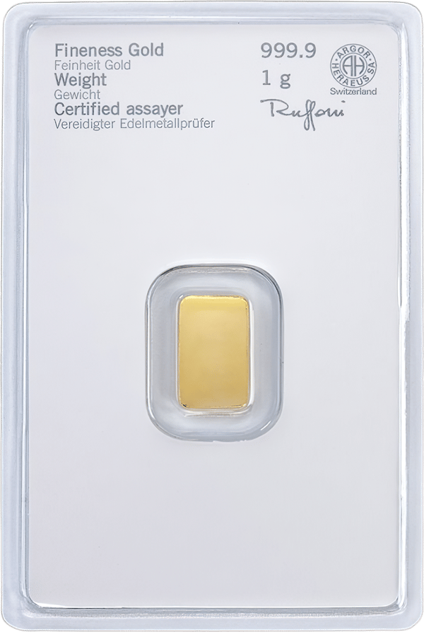 Back of the card with fineness, weight, the signature of the sworn precious metals assayer and the seal of Argor-Heraeus