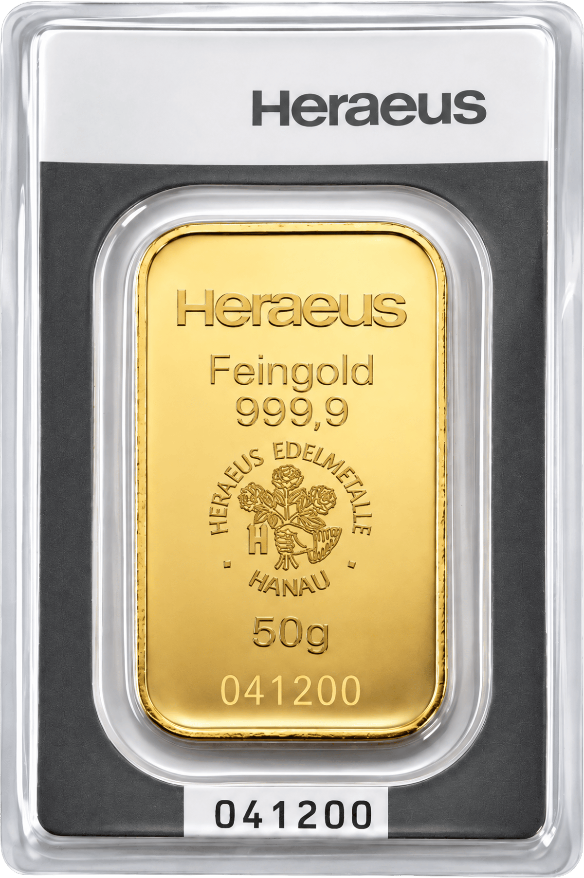 Minted gold bar with Heraeus, Feingold 999,9, the emblem and the weight