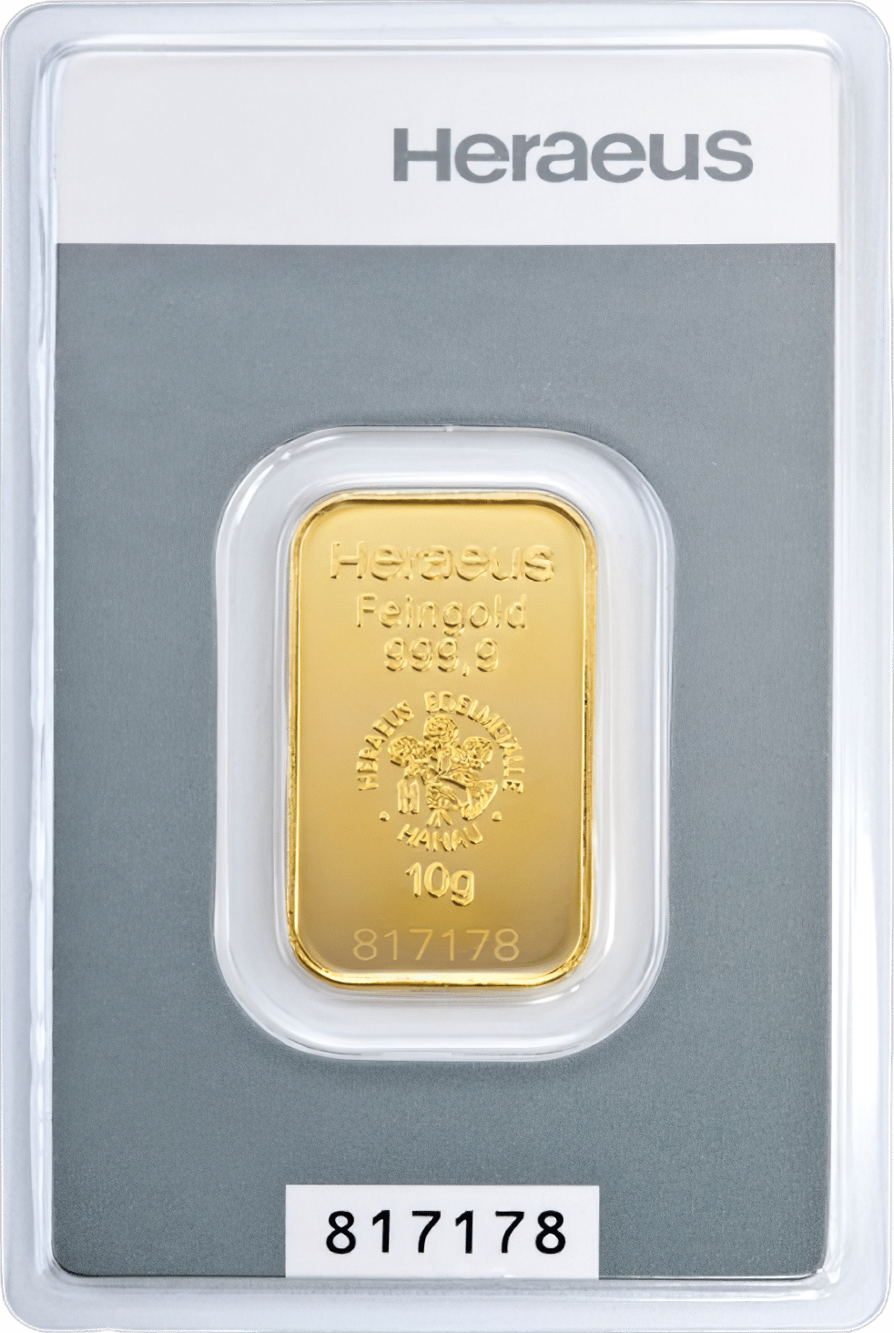 Kinebar in its blister, the front with Heraeus, Feingold 999,9, the emblem, the weight and the serial number, below it the same number on the card