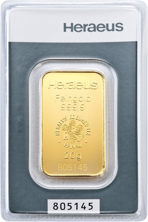 Kinebar in its blister, the front with Heraeus, Feingold 999,9, the emblem, the weight and the serial number, below it the same number on the card