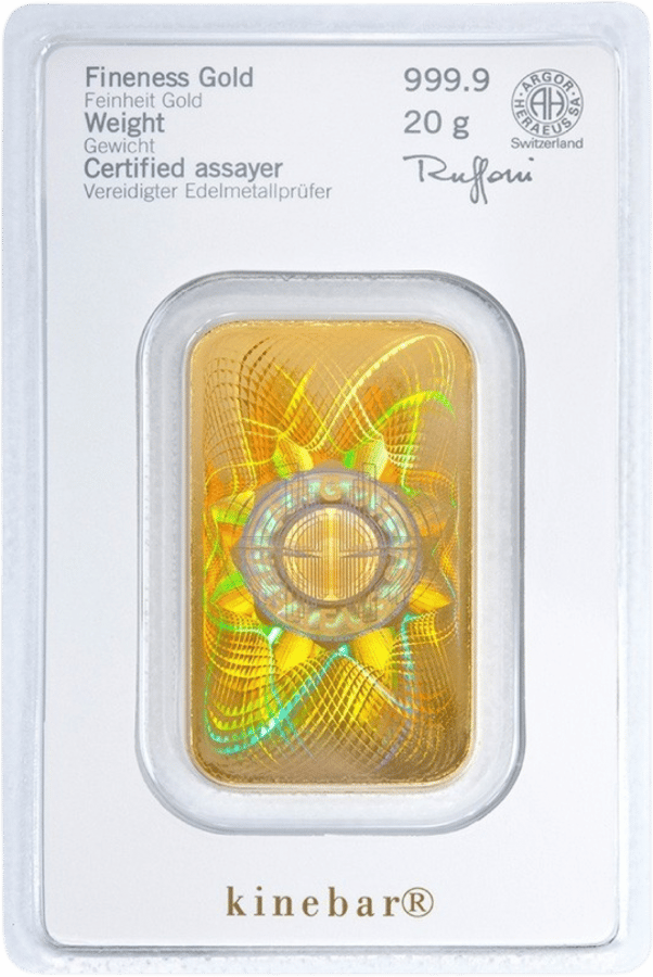Kinebar in its blister, the back with the shimmering Kinegram, above it fineness, weight, the signature of the sworn precious metals assayer and the seal of Argor-Heraeus