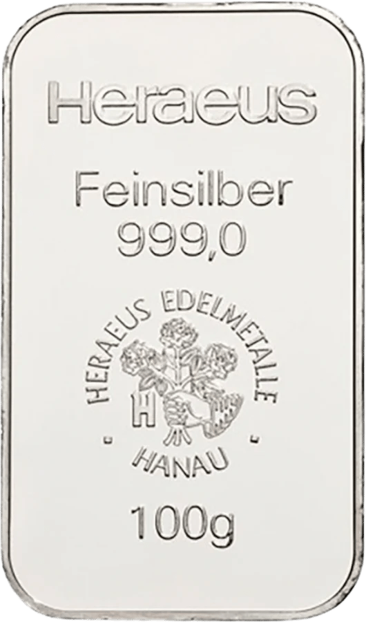 Beispielfoto: Silberbarren von Heraeus, im Stempel Heraeus Feinsilber 999,0 100g