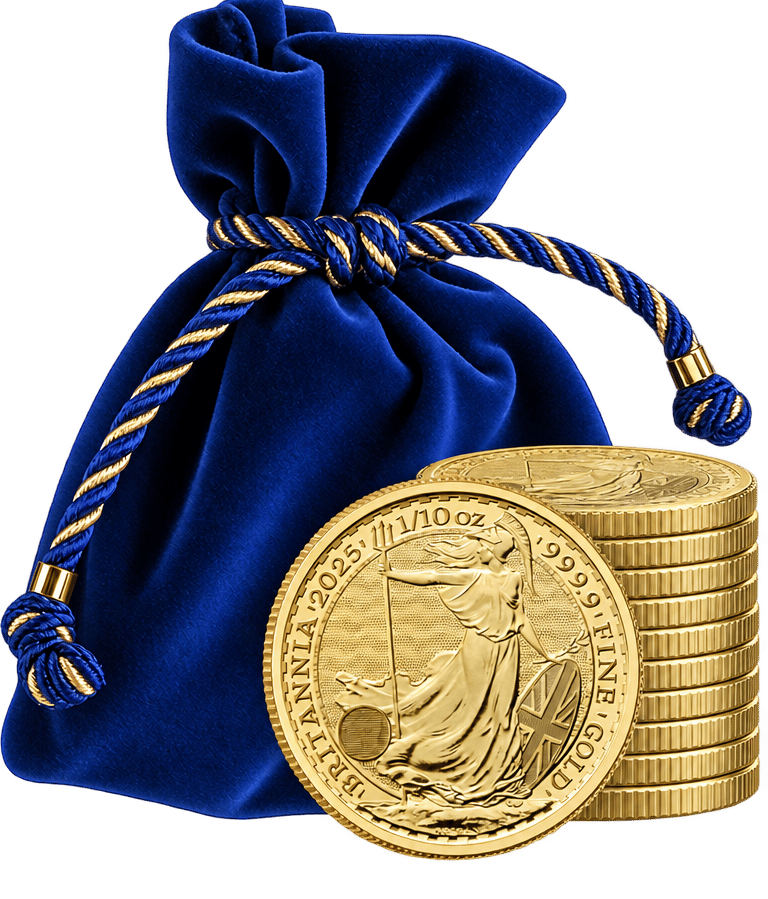 Blue velvet pouch with a gold Britannia in front