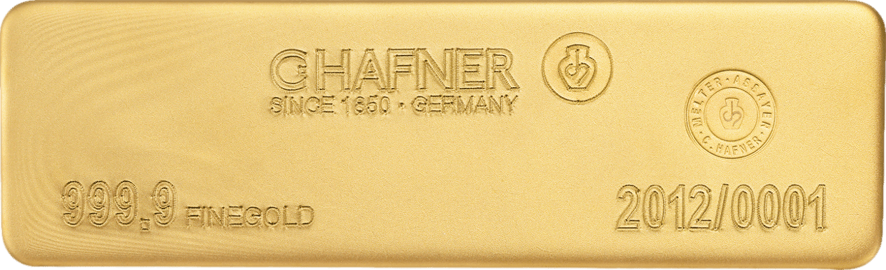 400‑Unzen‑Goldbarren von C. Hafner von oben: C.HAFNER, SINCE 1850 · GERMANY, das runde Prüfzeichen, 999,9 FINEGOLD und die Nummer 2012/0001