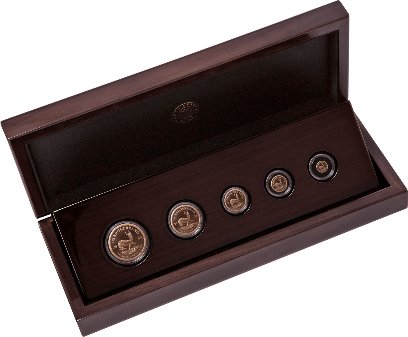 Set of 5 gold coins, proof · in its open case