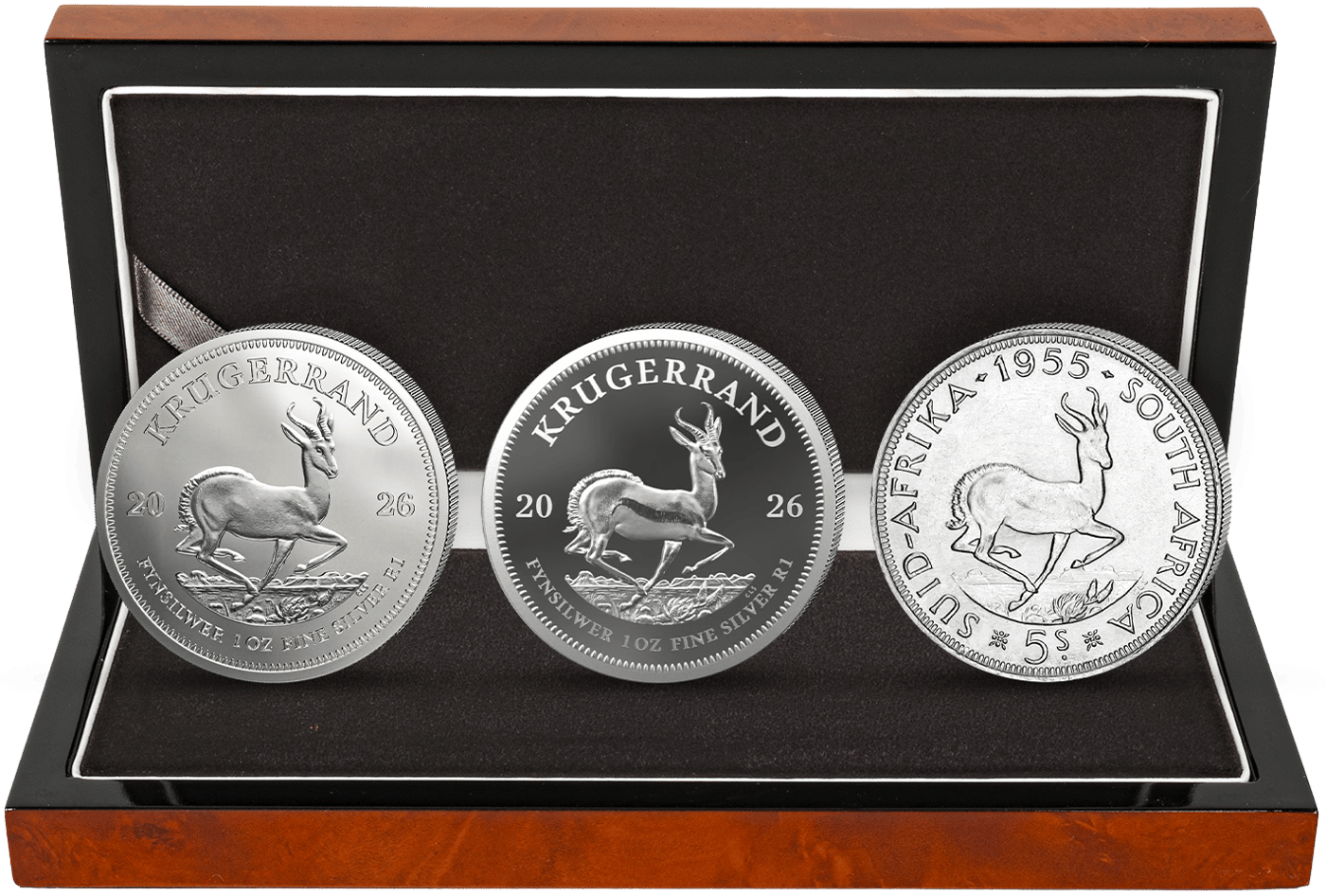 Legenden Set · Geöffnetes Etui mit zwei Silber-Krügerrand 2026 und einer 5‑Schilling‑Münze, Seite mit dem Springbock nach oben