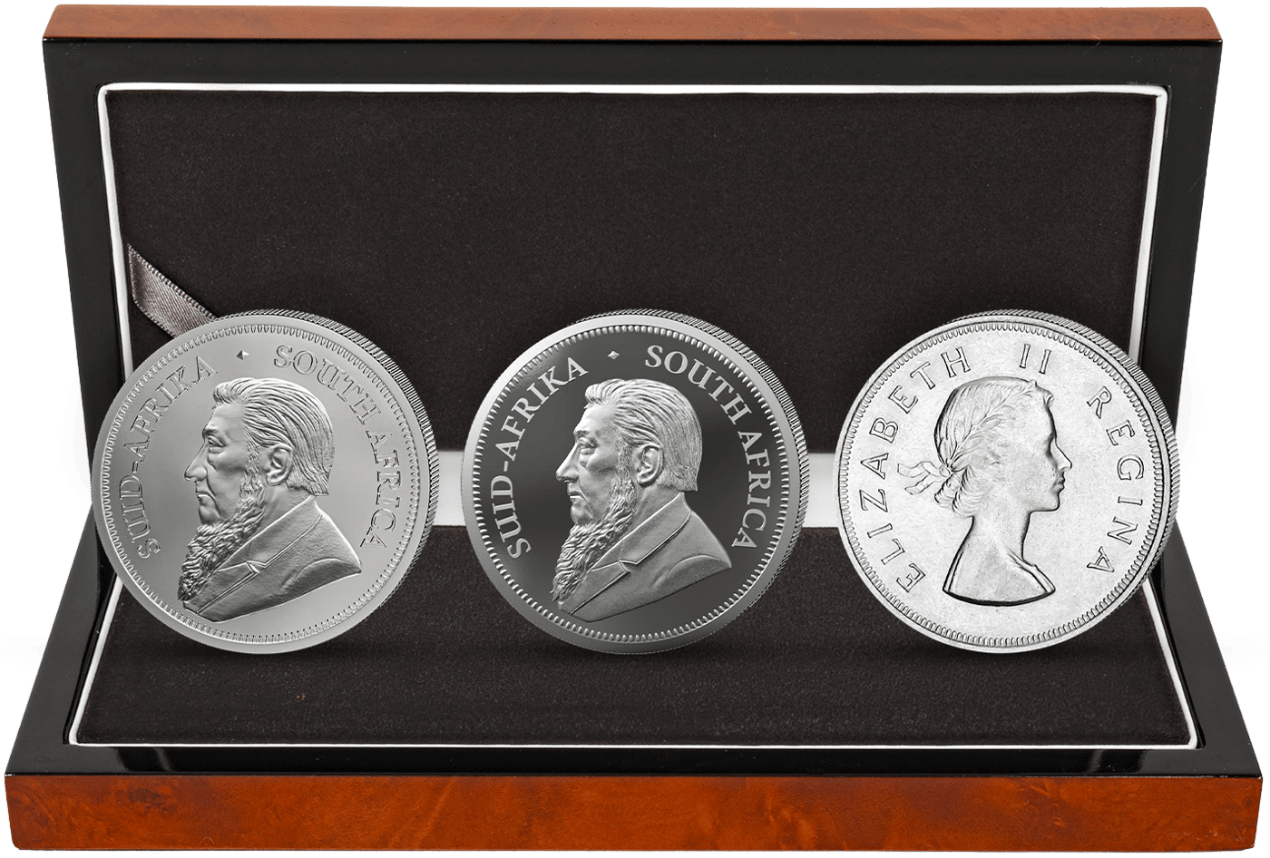Legenden Set · Geöffnetes Etui mit der anderen Seite der Münzen nach oben: zweimal Paul Kruger und Königin Elizabeth II.