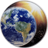Round from the series “THE SOLAR SYSTEM”: Earth as a coloured disc on a dark background