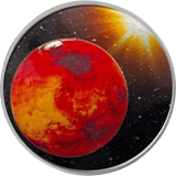 Round from the series “THE SOLAR SYSTEM”: Mars as a coloured disc on a dark background