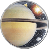 Round from the series “THE SOLAR SYSTEM”: Saturn as a coloured disc on a dark background