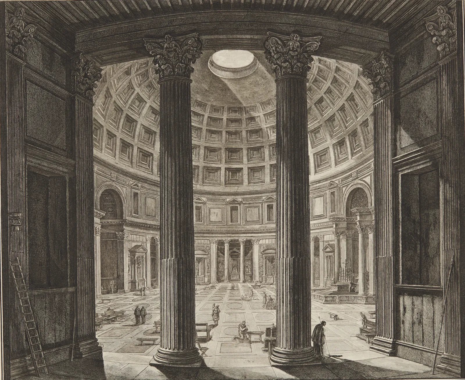 A view between two large columns into a round hall with columns and niches all around; overhead a dome with sunken panels and a round opening in the centre.