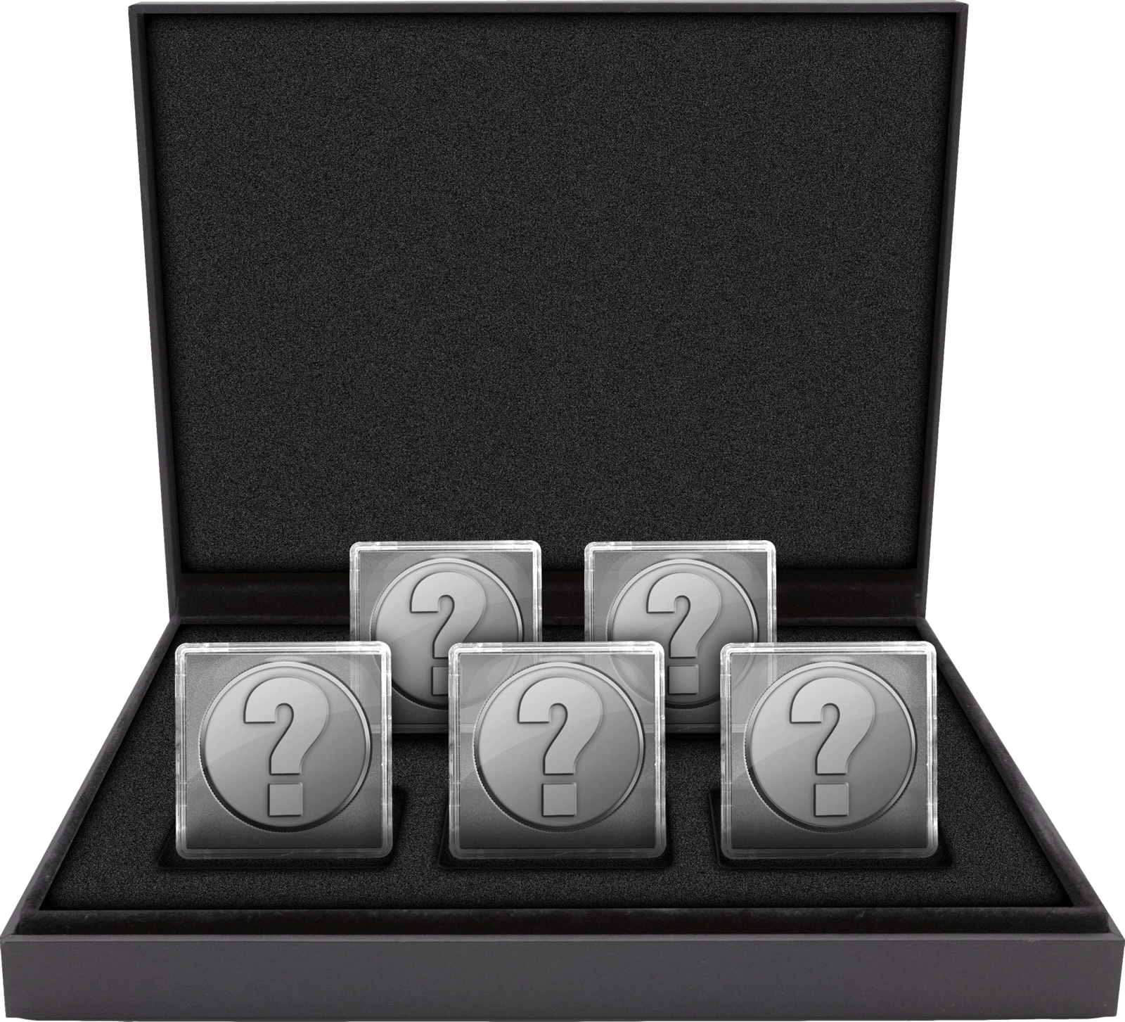 Mystery Box, open, with five capsules in the foam