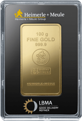 Goldbarren von Heimerle + Meule zu 100 Gramm in seiner Karte, Vorderseite: oben Heimerle + Meule mit dem Gießer, auf dem Barren 100 g, FINE GOLD 999.9, der runde Stempel mit 1845, melter assayer und HEIMERLE+MEULE, unten LBMA Good Delivery Refiner