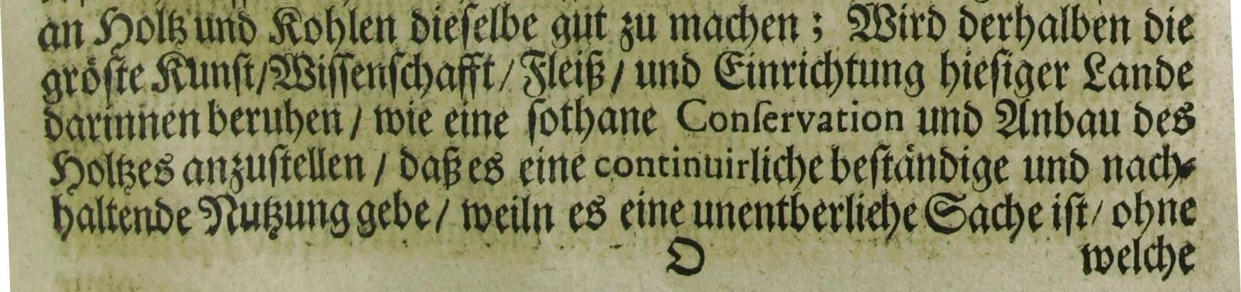 Ausschnitt aus der Sylvicultura oeconomica von 1713 in Frakturschrift mit den Worten „continuirliche beständige und nachhaltende Nutzung“