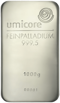 Palladiumbarren 1 kg: oben das Firmenzeichen und umicore, darunter FEINPALLADIUM 999.5, unten 1000g und eine Nummer