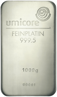 Platinbarren 1 kg: oben das Firmenzeichen und umicore, darunter FEINPLATIN 999.5, unten 1000g und eine Nummer