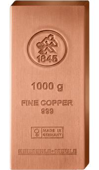 Copper bar by Heimerle + Meule, stamped 1000 g FINE COPPER 999