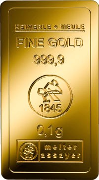 Goldbarren zu 0,1 Gramm von Heimerle + Meule: FINE GOLD 999,9, ein Zeichen mit der Jahreszahl 1845, 0,1 g und melter assayer
