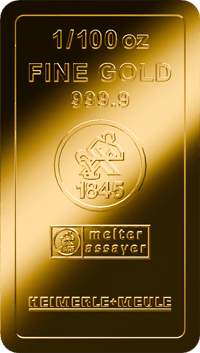 Goldbarren zu 1/100 Unze von Heimerle + Meule: oben 1/100 oz, FINE GOLD 999.9, ein Zeichen mit der Jahreszahl 1845, melter assayer und HEIMERLE + MEULE