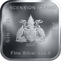 Square Coin von Ascension Island zu 1/10 Unze: oben ASCENSION ISLAND, in der Mitte das Wappen, links 10 CENTS, unten Fine Silver 999.9